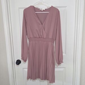 V-Neck Pleated Long Sleeve Dress - Dusty Rose